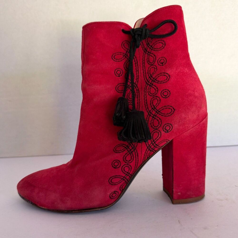 Kate Spade, Georgette Red Suede Soutache Heeled Tassel Ankle Boots, 6.5 Festive